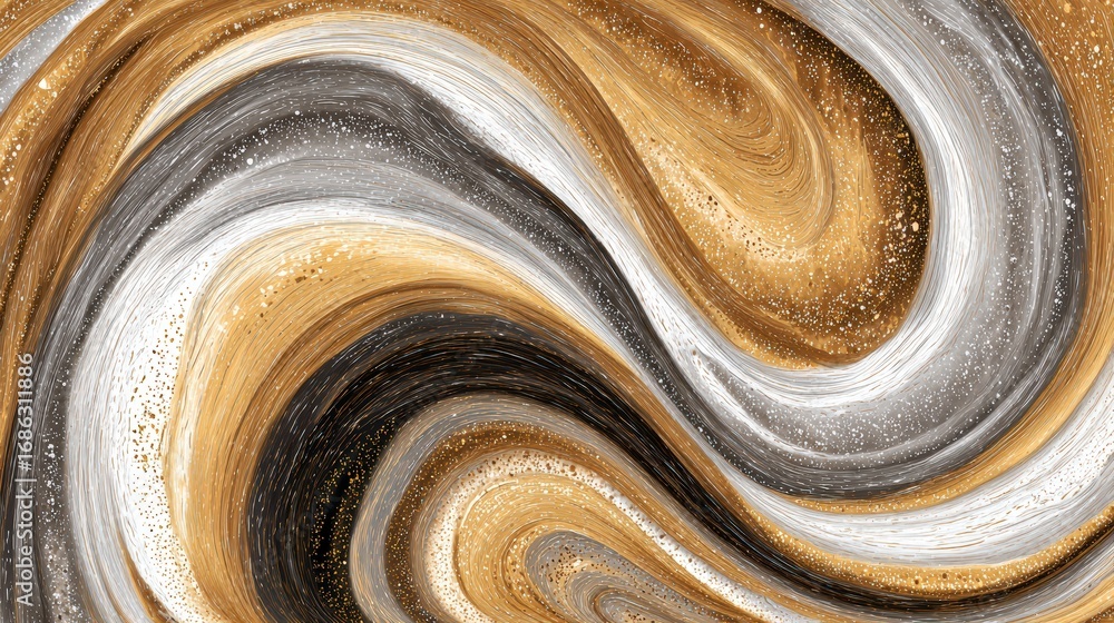 Aufkleber abstract fluid art with swirling patterns in gold black white and gray colors creating dynamic and t