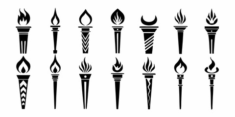 Collection of stylized black torch icons with flames
