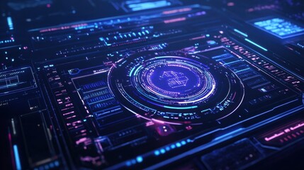 Futuristic computer interface with holographic display at night