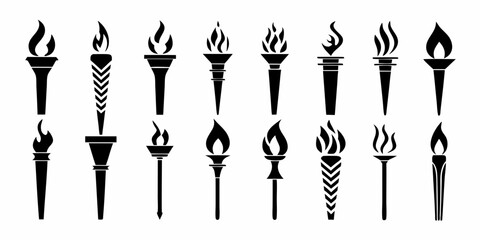 Collection of diverse black torch icons with flames