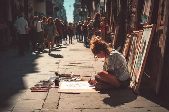 Street artist creates pencil portrait of girl in bustling historic city center