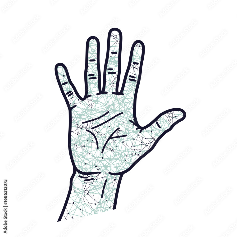Poster stylized hand with network pattern showing palm lines and fingers on a white background illustration