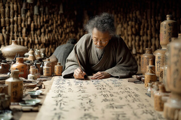 Master craftsman creates ancient script in traditional workshop filled with artifacts