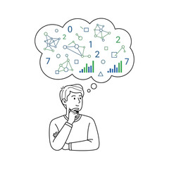 Man thinking with data visualizations in a thought bubble above his head on a white background