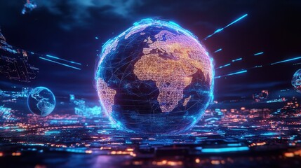 Futuristic globe with data streams in vibrant digital landscape