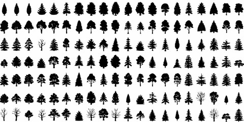 Collection of diverse black tree silhouettes on a white background