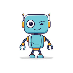 A cartoon illustration of a light blue robot with a wink and a smile standing on a white background