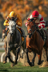 Horses race at the hippodrome with jockeys in vibrant silks competing for victory