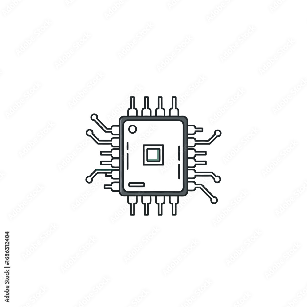 Poster a detailed illustration of a microchip with multiple pins on a plain white background in vector styl