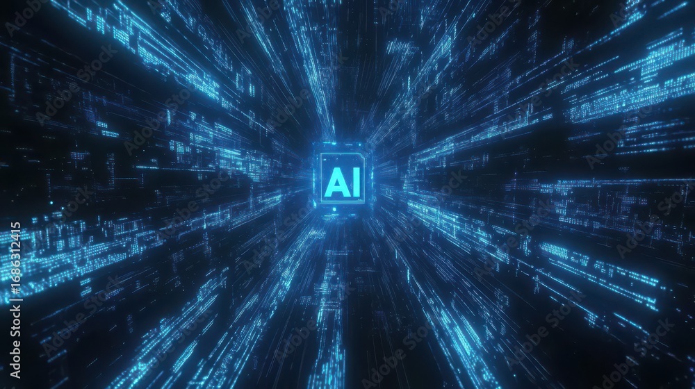 Poster futuristic ai symbol with data streams in digital space