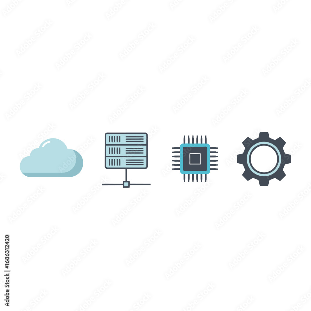 Poster illustration of cloud server cpu and gear icon representing technology and data processing concepts