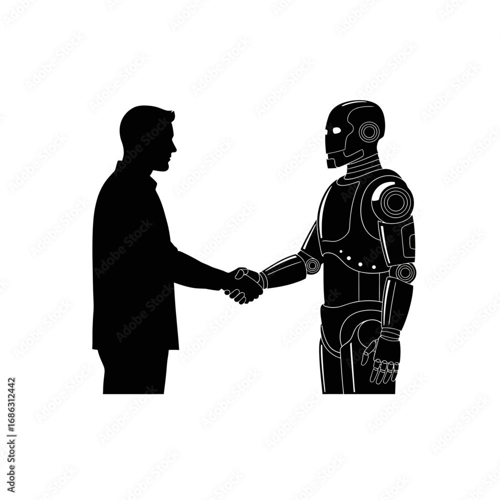 Aufkleber silhouette of a man shaking hands with a robot on a white background in a vector illustration