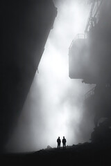 Silhouetted workers in a heavy metallurgical plant amidst dust and semi darkness