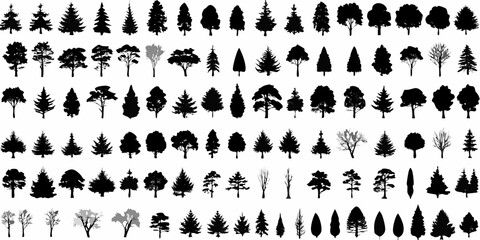 Collection of diverse tree silhouettes in black and white