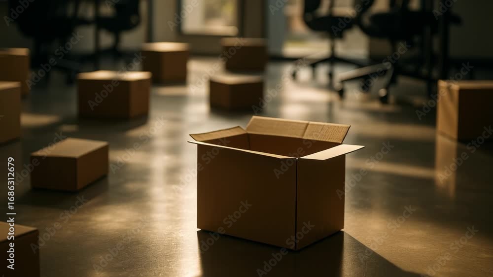 Poster moving day organization. empty cardboard boxes scattered on floor in office setting evoke disarray, 