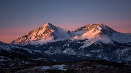 Majestic snow-capped mountain range at dawn with vibrant pink and purple sky and rugged peaks overlooking a scenic wilderness area