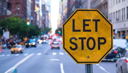 Busy city street with stop sign