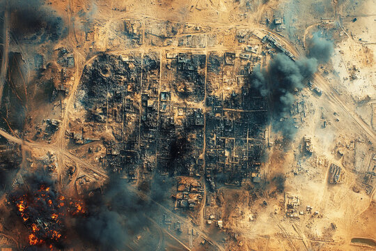Military actions observed through satellite technology over a devastated area