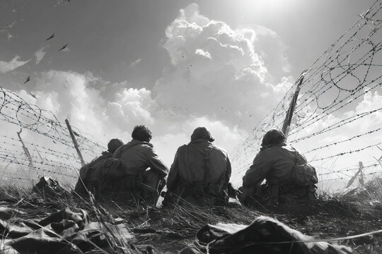 Modern prisoners of war contemplating their fate on a battlefield landscape - Powered by Adobe