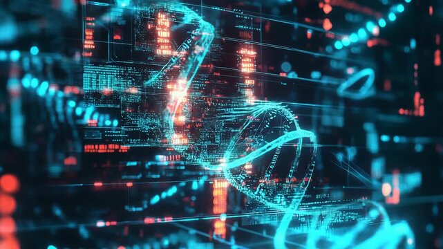 Digital dna chain rotating on futuristic interface with data flowing - Powered by Adobe