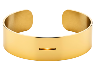 Modern minimalist wide gold colored metal cuff bracelet on a transparent background