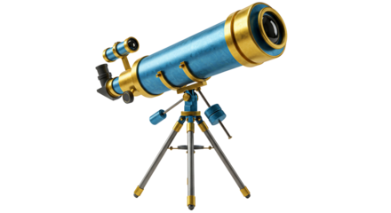 Blue and gold telescope on tripod transparent background
