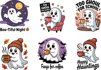 Funny Cute Ghost Halloween T Shirt Design with Coffee Autumn and Quotes