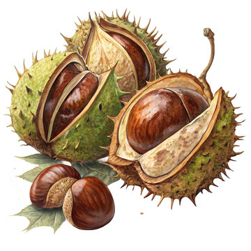Horse chestnuts buckeyes conkers autumn fall season nature close up view on transparent background