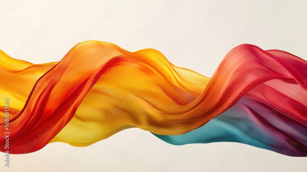 Poster flowing multicolored fabric draping in studio with vibrant mood