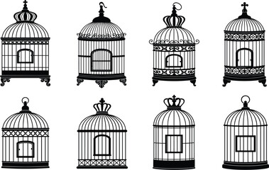 Ornate birdcage silhouette vector set with decorative tops, scrollwork bases, and vintage cage designs for classic home and art themes