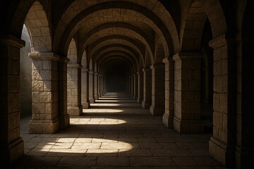 Fototapeta premium Ancient stone hallway with repetitive arches, realistic style, dark interior background, concept of mystery and historical architecture
