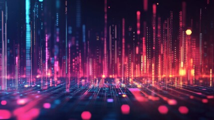 Abstract digital cityscape with glowing data streams at night