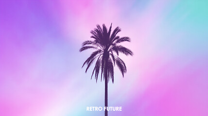 Silhouette of a palm tree against a vibrant retrofuturistic gradient background