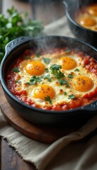 Four eggs cooked in tomato sauce on wooden table