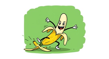 A cheerful cartoon banana character experiences a clumsy accident, slipping comically on its own bright yellow peel in a funny graphic