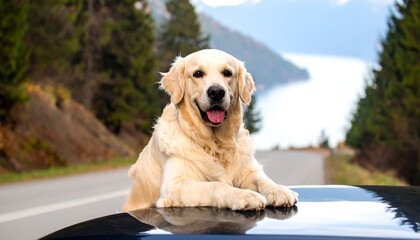 Obraz premium Happy golden retriever on a car