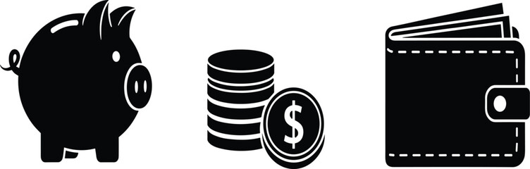 Savings and finance icon set vector illustration, piggy bank, coins, wallet symbols, money management, personal budgeting, financial planning concept design