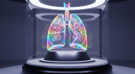 Close-up of a colorful, illuminated lung model displayed in a glass case with a dark background.