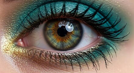 Fototapeta premium Hazel Eye with Teal and Gold Glittering Makeup, Close-Up Detail