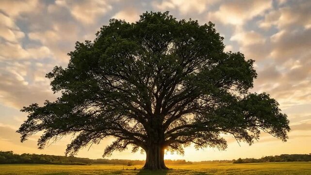A big tree with green leaves swaying under a cloudy sky.