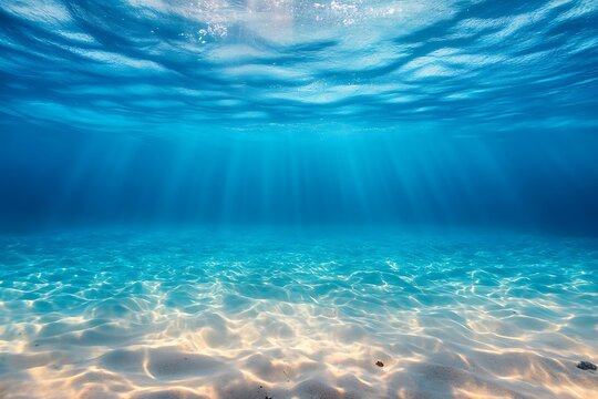 Serene underwater world bathed in sunlit rays, revealing a tranquil ocean floor of pristine white sand and crystal-clear turquoise water.