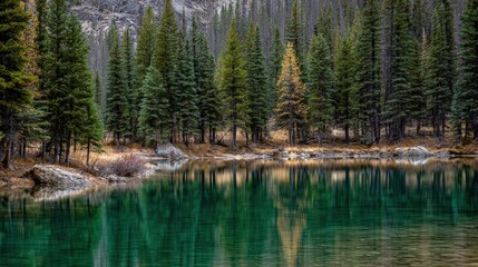 Serene mountain landscape with lush green pine trees reflecting in a clear turquoise lake surrounded by rocky terrain and distant mountains du daytime