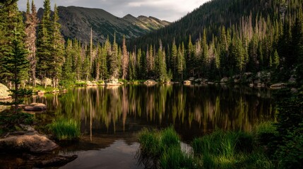 Serene mountain lake surrounded by dense evergreen forest and towe peaks under a cloudy sky at dawn or dusk
