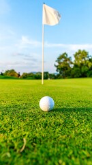 Obraz premium Golf ball on green, flag in background