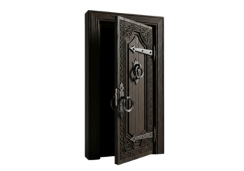 Imposing ancient dark oak door, intricately carved with swirling patterns, ornate iron handle, slightly ajar, casting chiaroscuro shadows on white studio background. Concept of forgotten secrets and