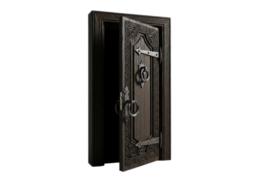 Imposing ancient dark oak door, intricately carved with swirling patterns, ornate iron handle, slightly ajar, casting chiaroscuro shadows on white studio background. Concept of forgotten secrets and
