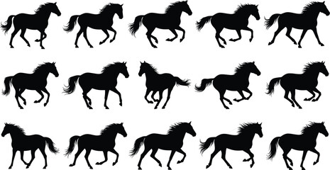 Silhouette galloping horses in dynamic running poses, detailed vector illustration showing equine motion sequence for animation, wildlife, sports, and artistic design