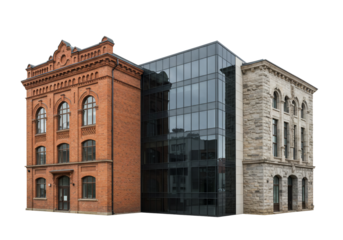 Three buildings architectural facade red brick stone glass exterior