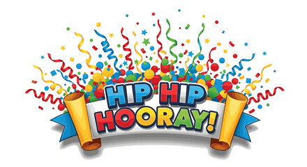 Colorful graphic design with "Hip Hip Hooray!" text, ribbons, and confetti.