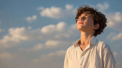 young boy gazes upwards with despair in his eyes against clean solid background